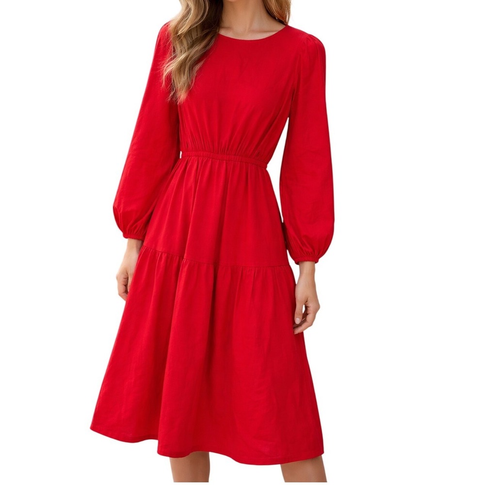Vrajavali Saint-Petersburg Red Midi Dress Long Bishop‎ Sleeve Women Size M